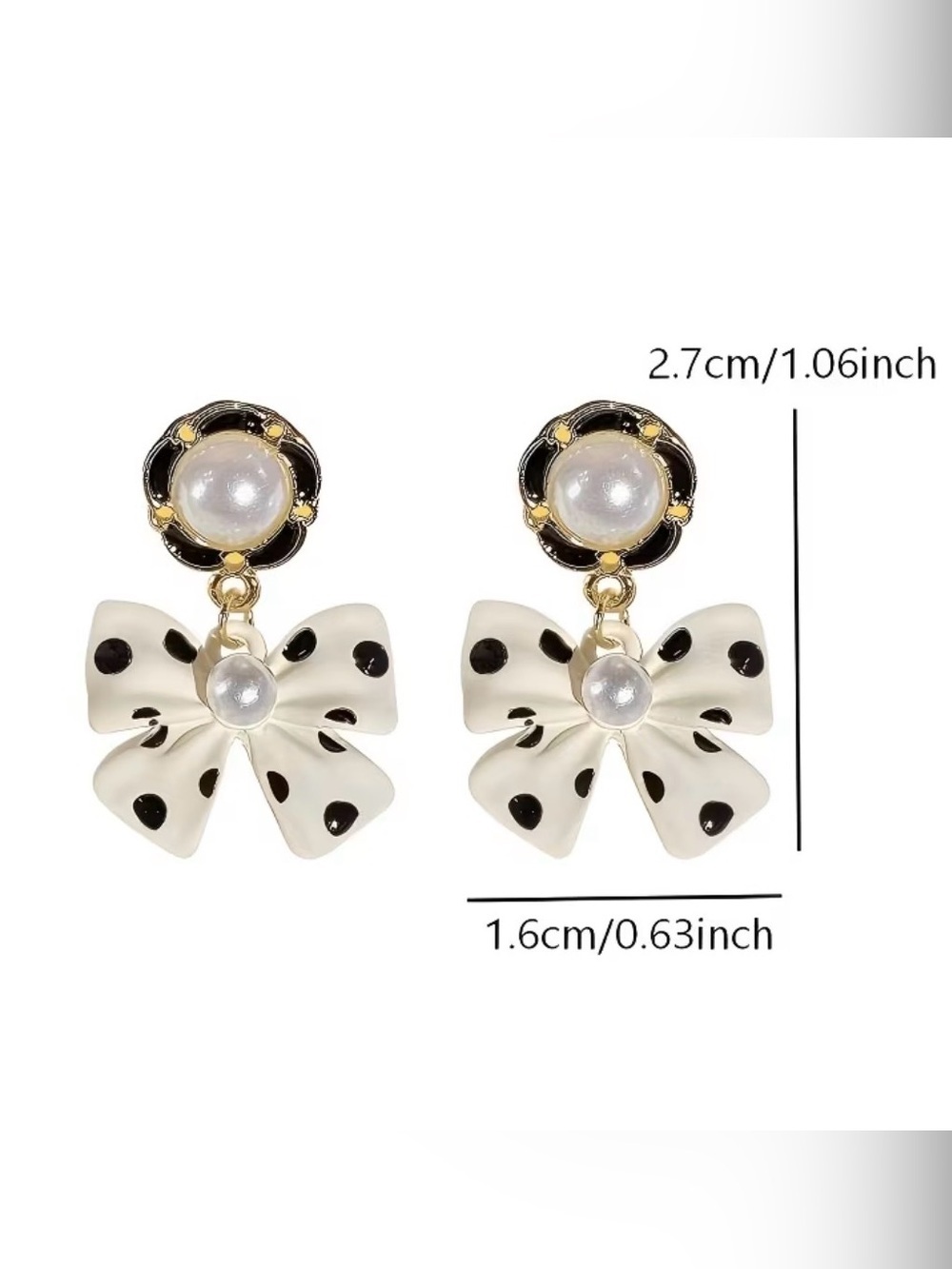 Black White Polka Dot Bow Drop Earrings with Pearl Detail - Picture 4 of 5